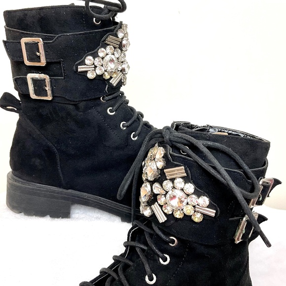 BLACK SUEDE ROUNDED TOE SIDE ZIP BUCKLE LACE UP ANKLE BOOTS WITH CRYSTAL DETAIL - Picture 13 of 16